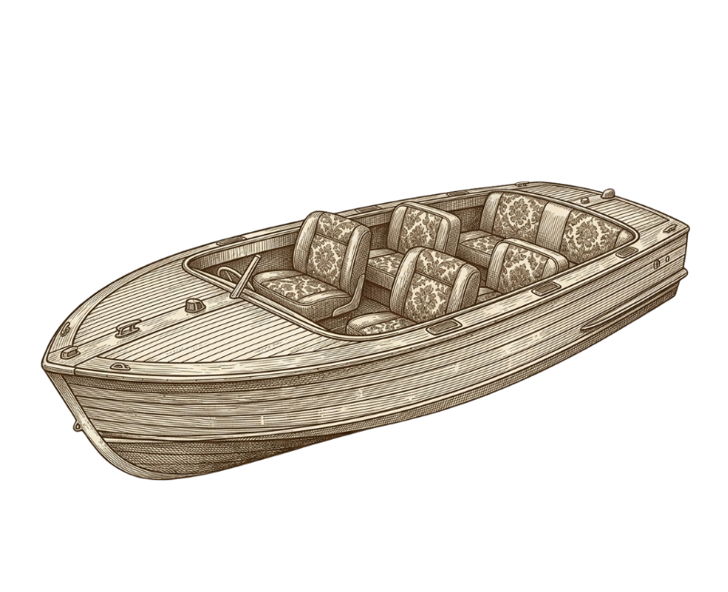 A vintage-style illustration of a motorboat with floral upholstered seats.