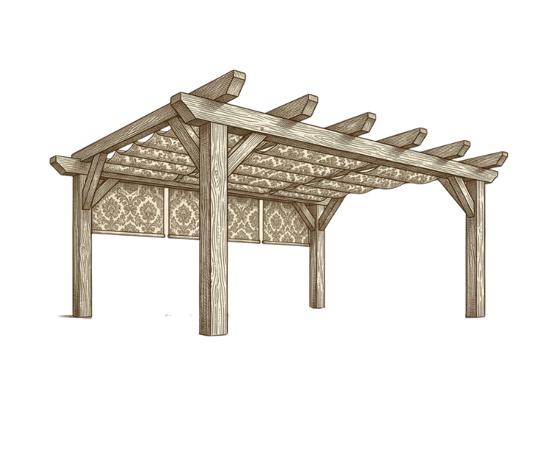 Sketch of a wooden pergola with a patterned fabric covering on part of the roof and side panels.