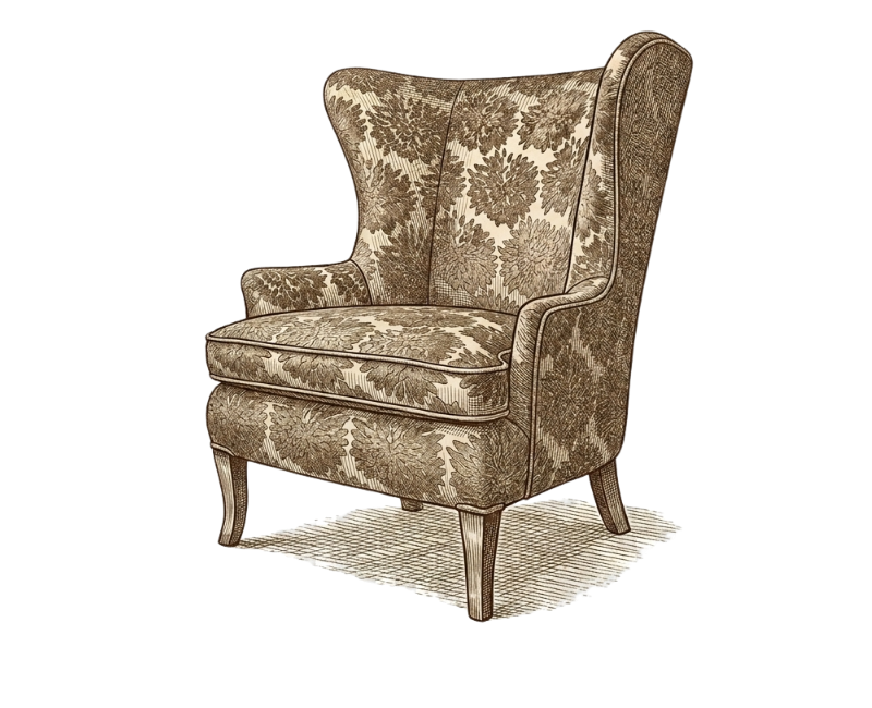 Vintage upholstered armchair with floral pattern, wooden legs and a small rug underneath.