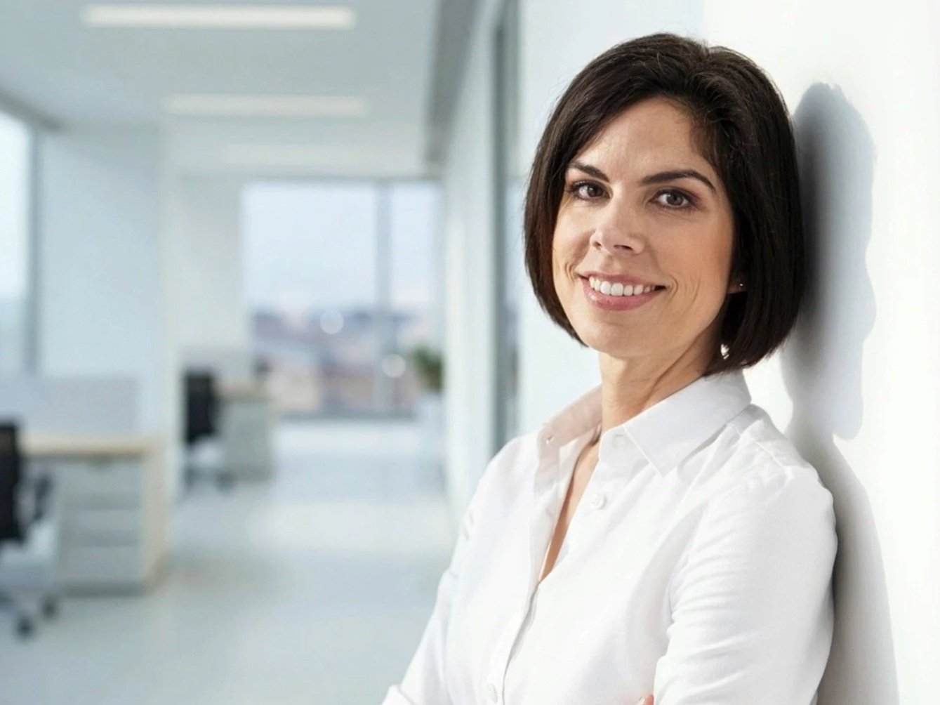 A woman with shoulder-length dark hair smiling and leaning against a white wall in a modern office with large windows.