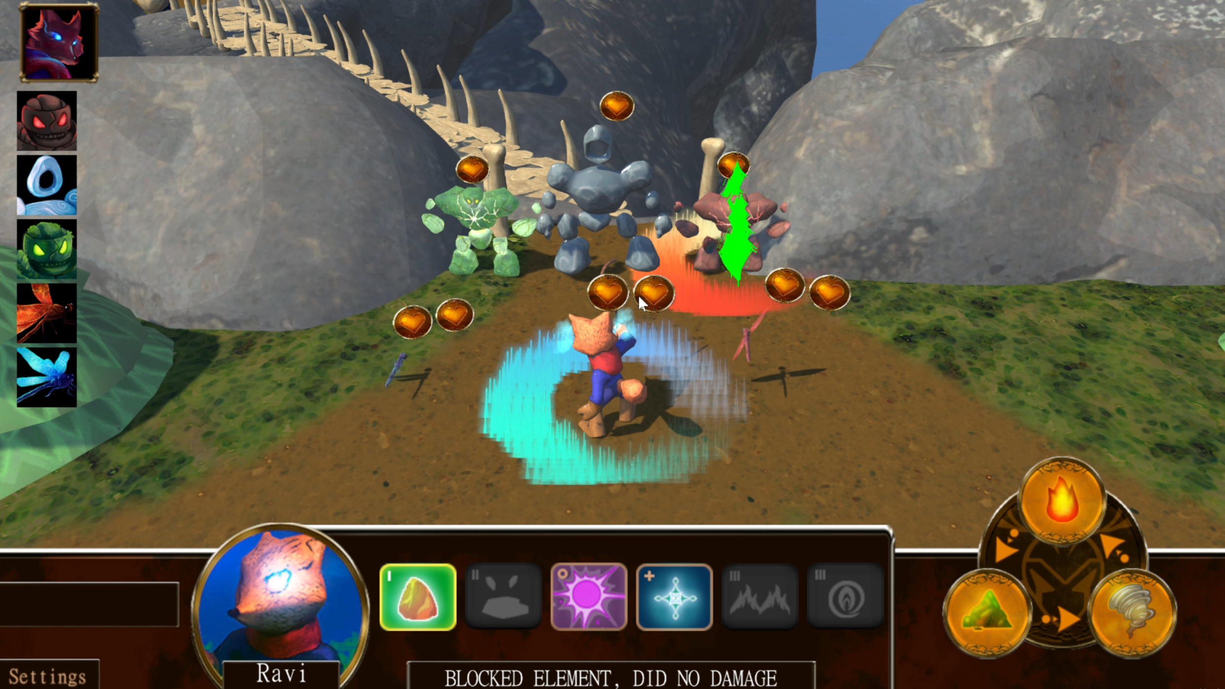 A screenshot from a video game showing a cartoonish character on a dirt path fighting against three stone rock monsters, surrounded by rocks and greenery, with game interface elements like health icons, ability icons, and a circular control pad.