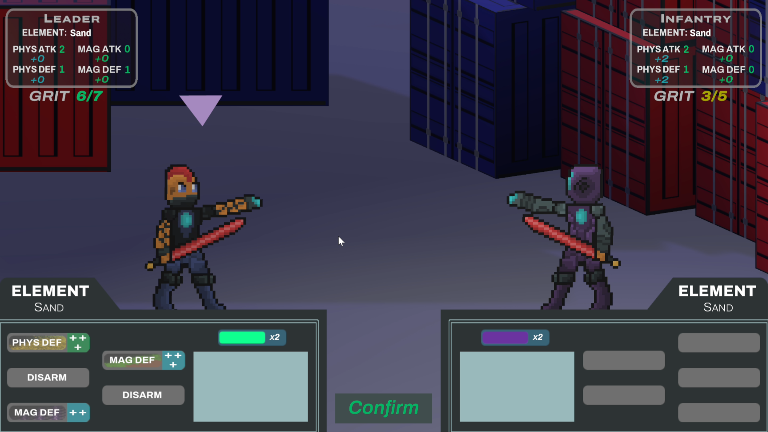 Two pixel-art styled characters in a video game, both armed with swords, facing each other in a warehouse-like environment with stacked cargo containers. Displayed on-screen are stats for each character's elements and stats, indicating game interface and selection options.