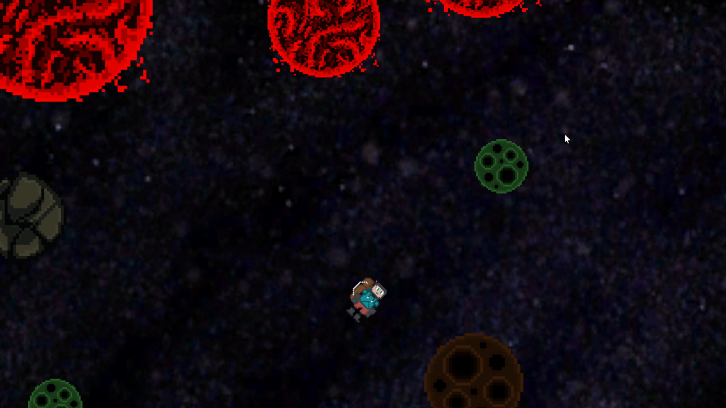 Pixel art space scene with a small character in the center surrounded by red, green, and brown planets or asteroids against a starry background.