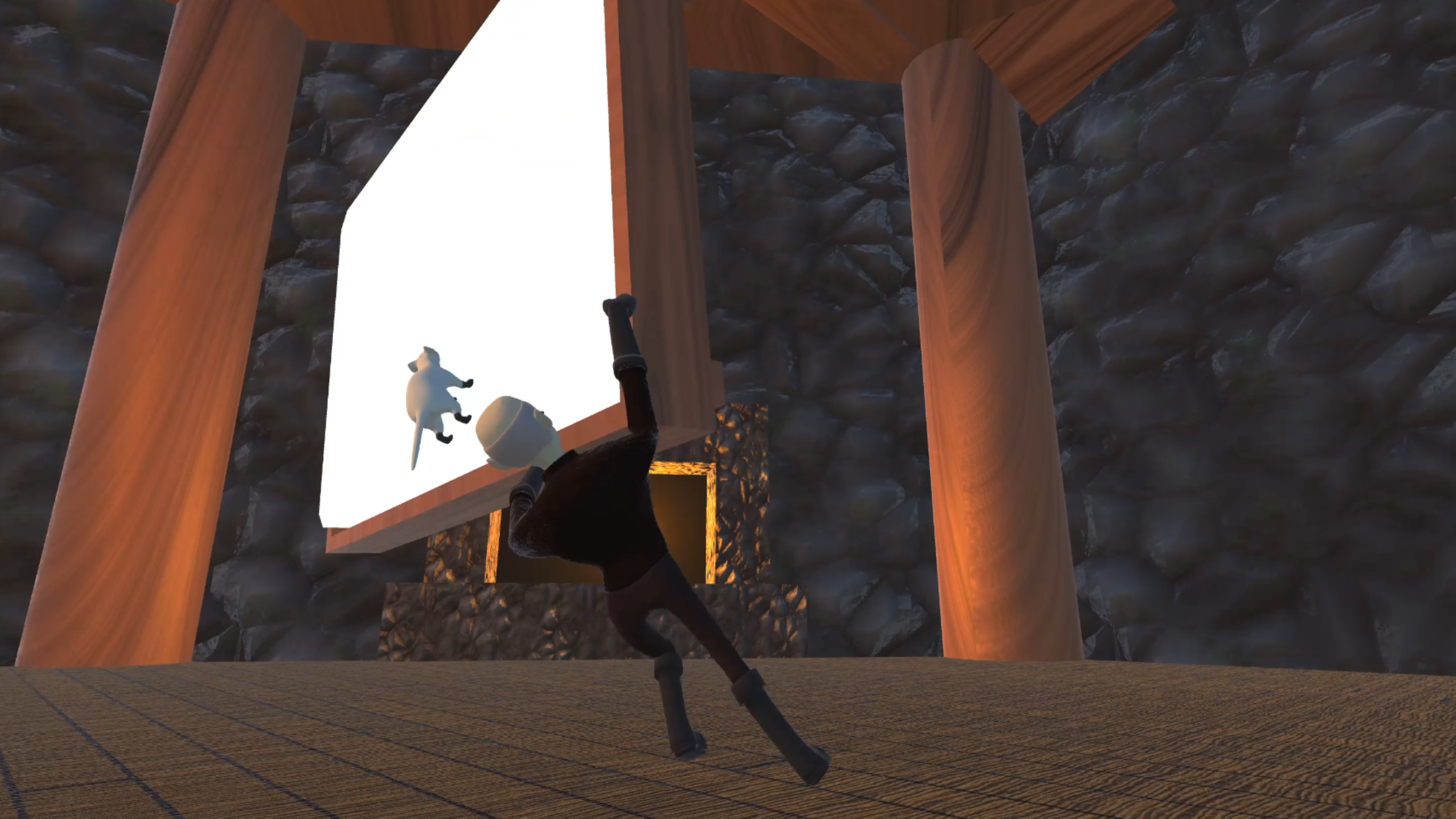 A virtual character in a black outfit and wig, raising arms, looking up at a floating cat avatar inside a building with stone walls and wooden beams.