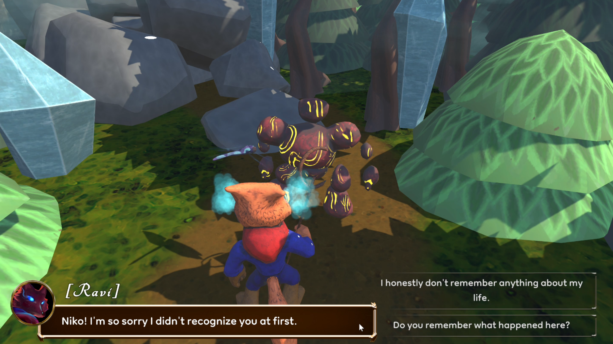 In a colorful, animated forest scene, a character with a fox-like face, red fur, and a tail is speaking to a creature that appears to be a robotic or digital entity surrounded by dark purple glowing orbs. The dialogue box shows the fox-like character saying, "Niko! I'm so sorry I didn't recognize you at first." The scene is vibrant with trees, rocks, and green foliage.
