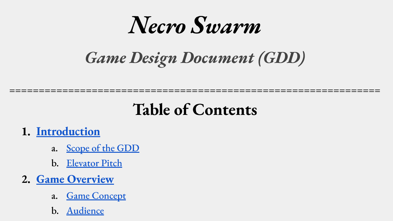 Title page of a game design document labeled 'Necro Swarm' with the subtitle 'Game Design Document (GDD)' and a table of contents listing sections and subsections.