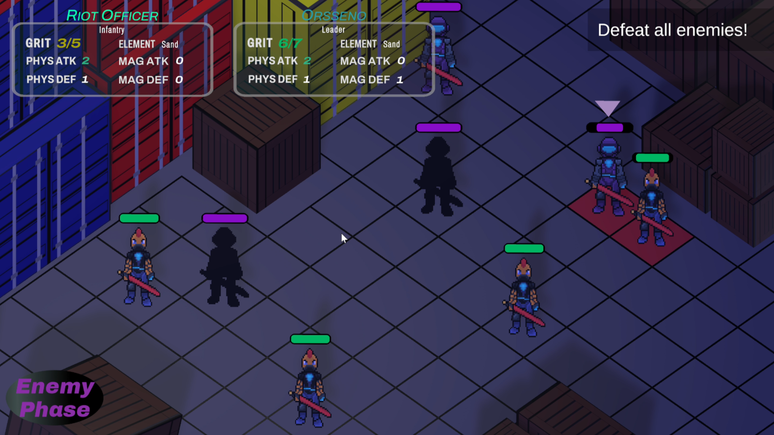A screenshot from a pixel art video game showing four soldiers with green health bars, wielding guns and knives, facing three enemy soldiers with purple health bars, in an indoor setting with containers and boxes. The top-left corner displays the stats for two characters, Riot Officer and Orseno, including their grit, physical attack, physical defense, element, sand, and magic attack and defense. The top right corner has a message that says, 'Defeat all enemies!' A black oval with purple text at the bottom left corner reads, 'Enemy Phase.'