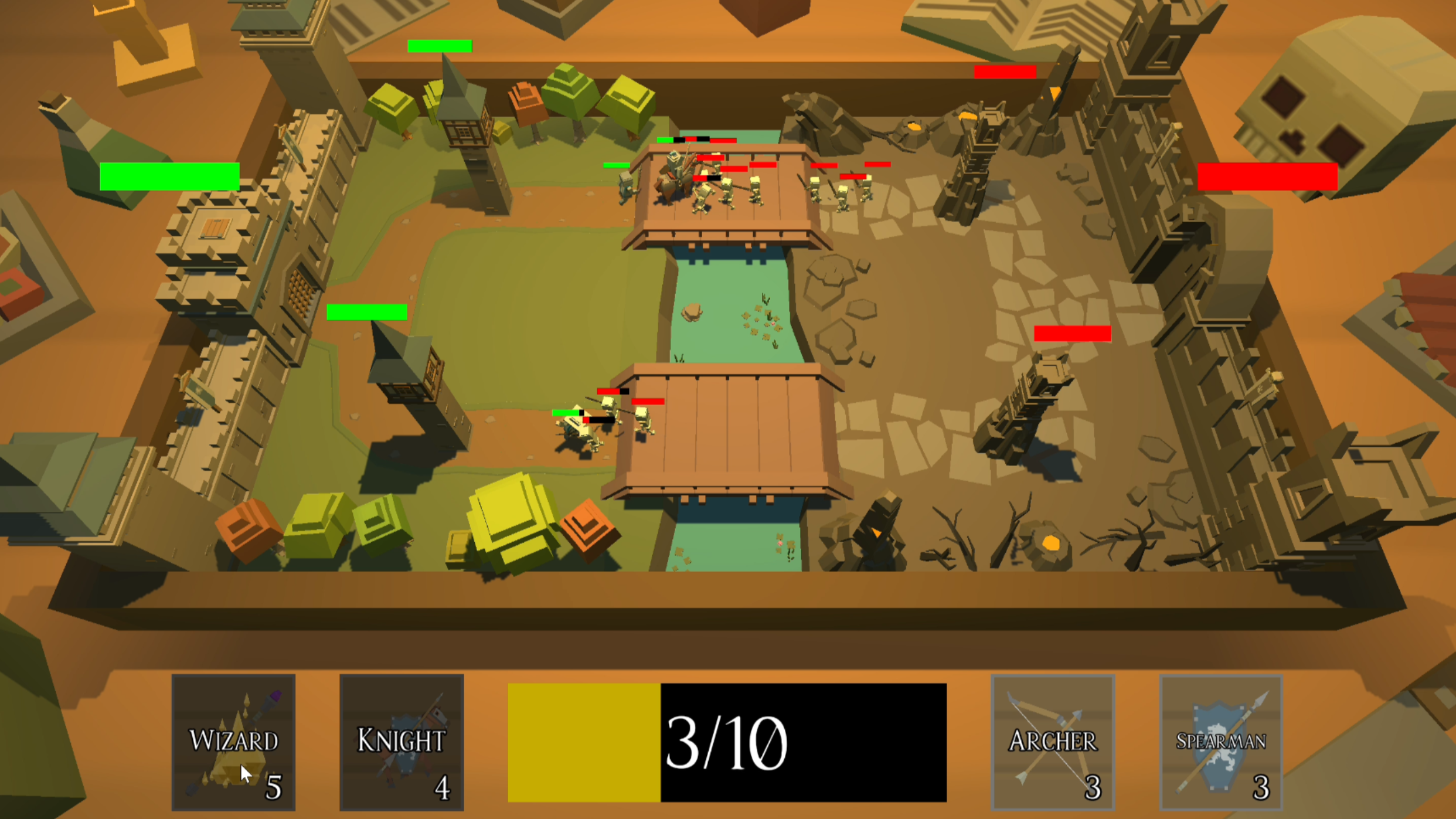 A turn-based strategy game with a castle siege scene, featuring green and red armored soldiers, bridges over a moat, and a user interface showing available units and ammunition.