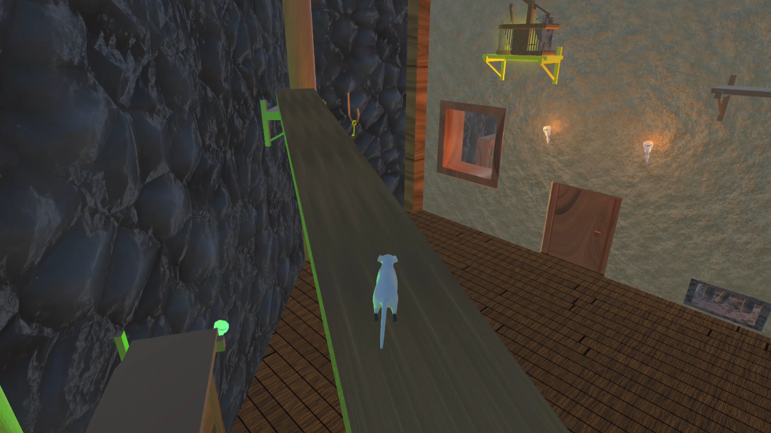 A simulation game scene showing a white rat walking on a wooden ramp inside a room with stone and wooden walls, a window, and a key hanging on a hook.