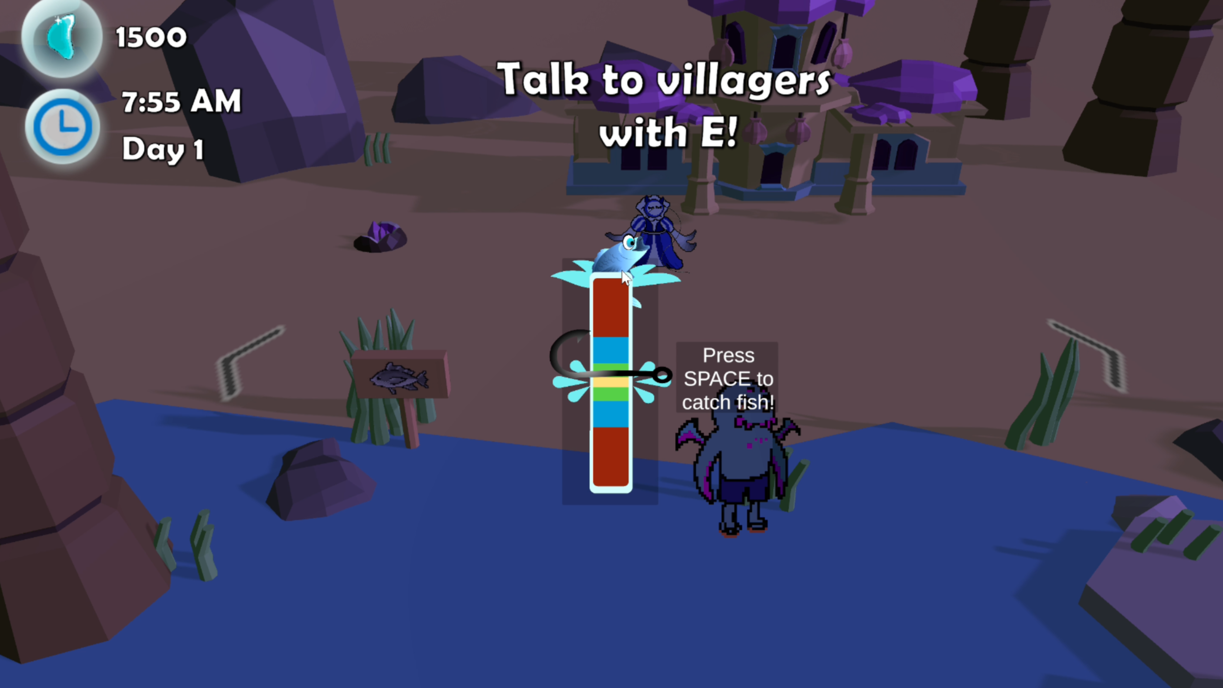 Video game scene with a character catching fish near a pond, a sign with a fish drawing, purple and brown rocky landscape, and a building in the background.