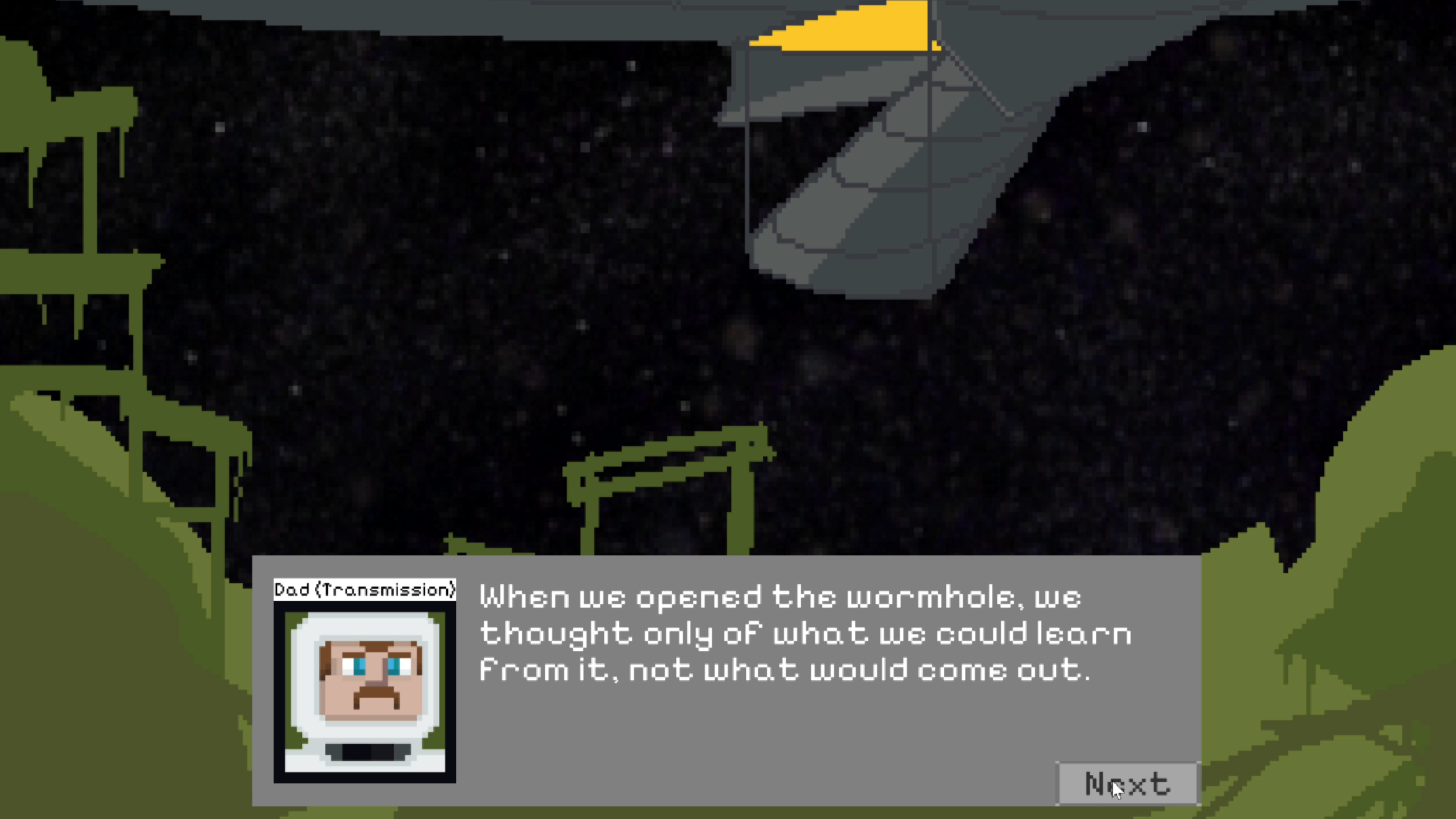 Pixelated digital art illustration of a space scene with dark star-filled background, green and gray plants, a spacecraft, and an astronaut with a speech box saying, 'When we opened the wormhole, we thought only of what we could learn from it, not what would come out.'