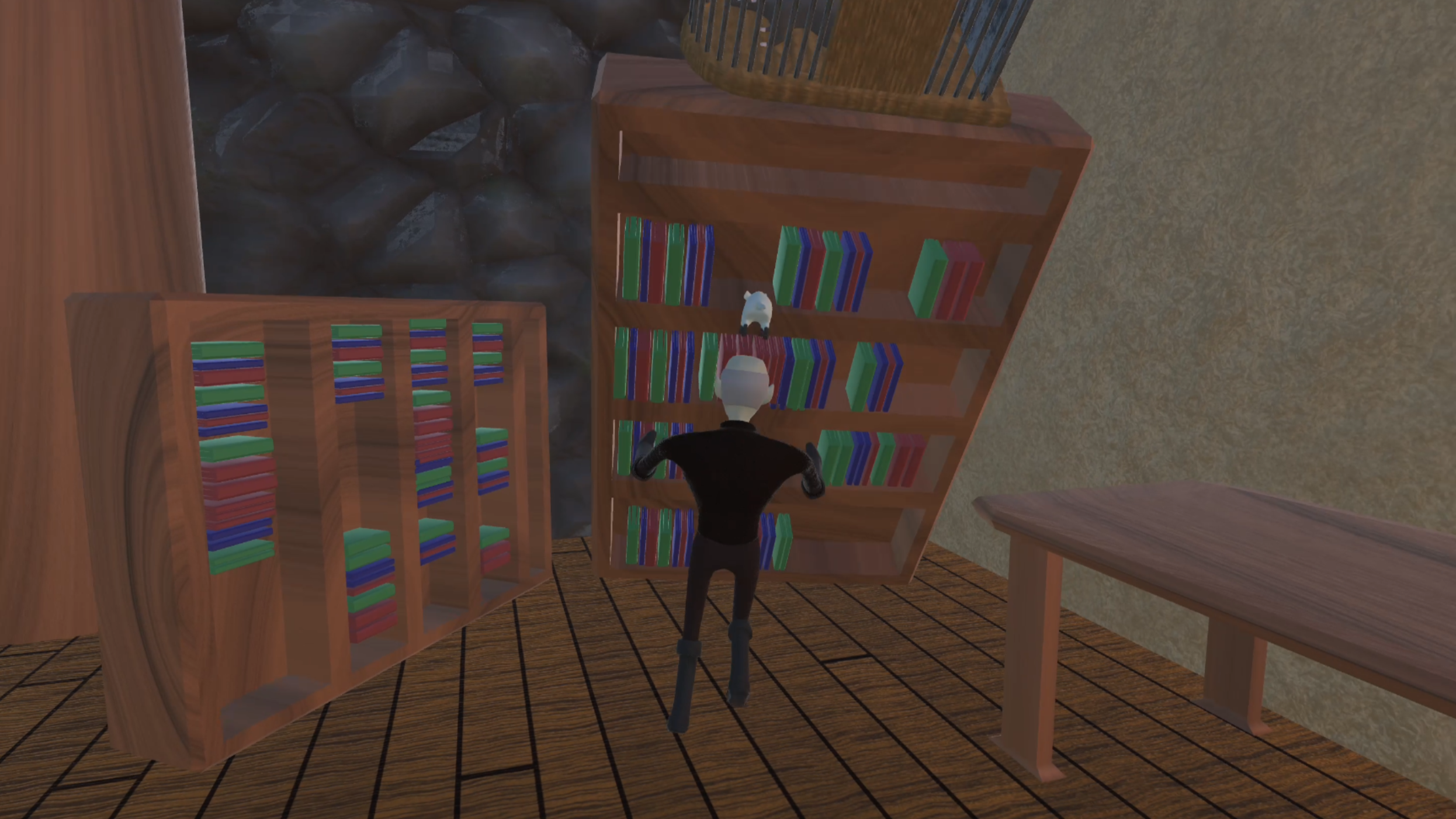 A computer-generated scene of a character with a white head and dressed in black, standing in front of two wooden bookshelves filled with colorful books in a room with wooden flooring and beige textured walls.