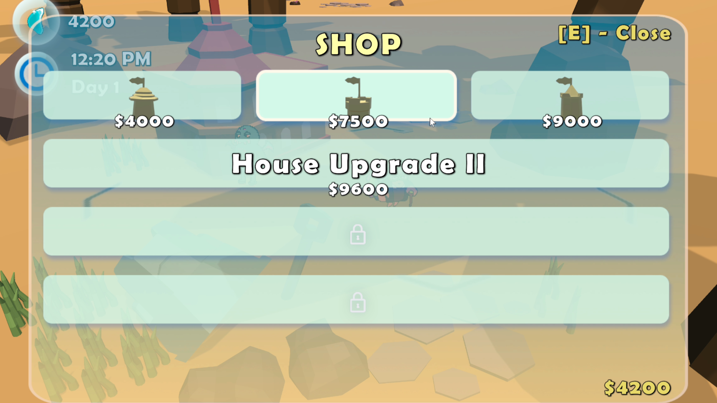 In-game shop menu showing options for upgrading a house on a cartoon-style game interface. It also shows decoration options per row.