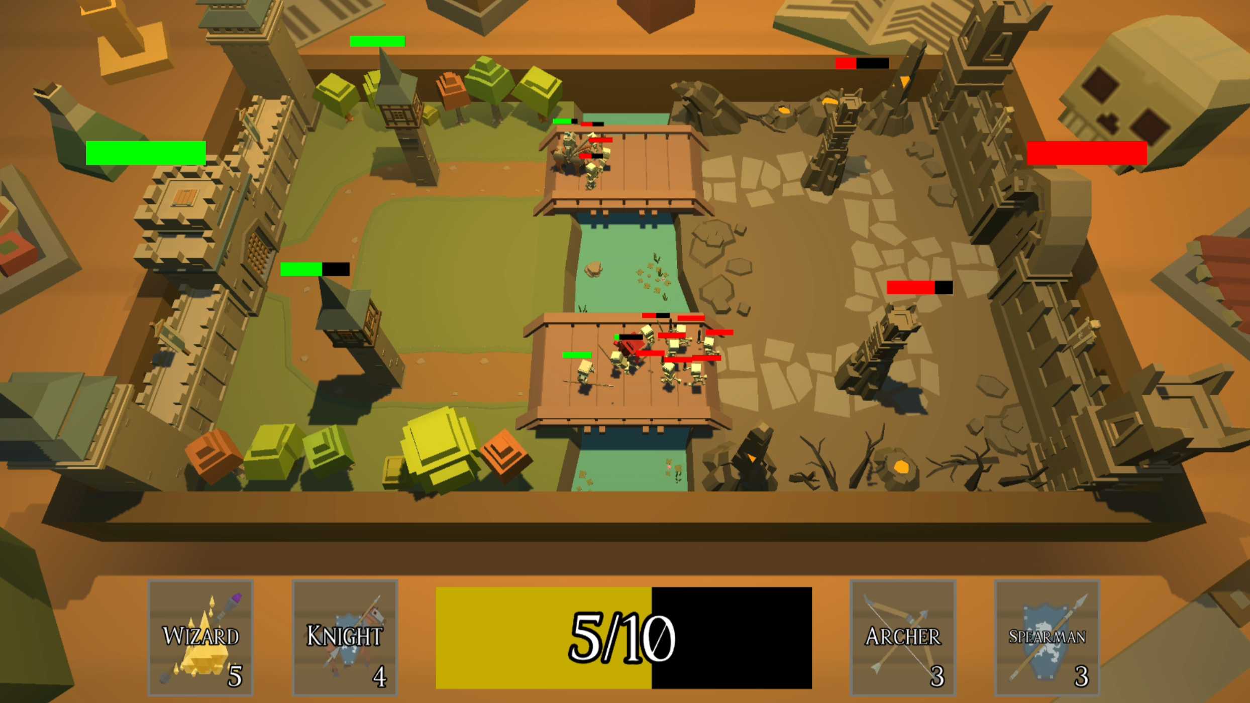 Top-down view of a cartoon-style tower defense game with a castle, bridges, trees, and a river. Several units are engaged in combat with health bars visible above them, and the game interface shows selected units and current progress.