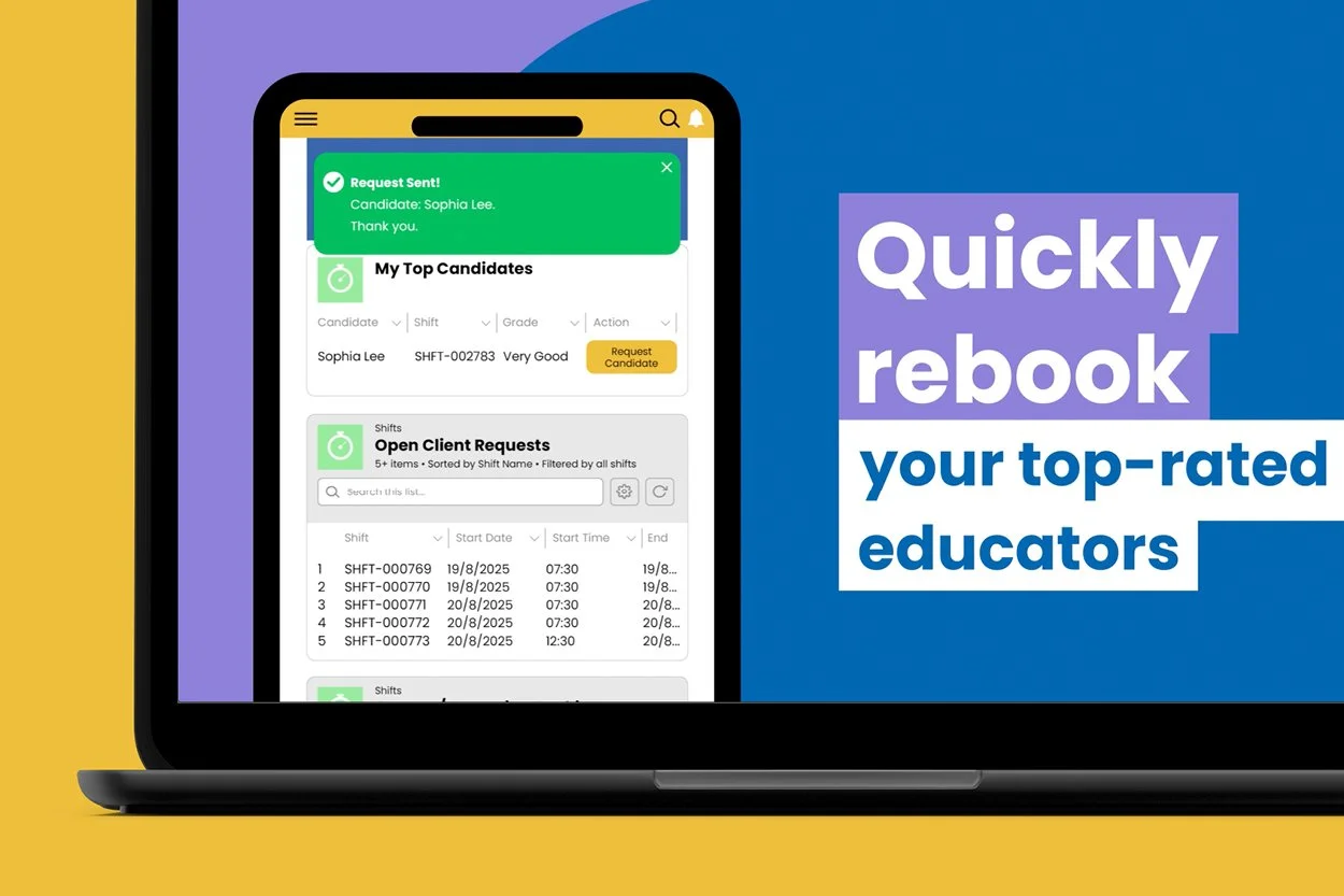 A laptop screen displaying a recruitment or scheduling software interface with candidate and shift information, accompanied by promotional text that reads "Quickly rebook your top-rated educators".