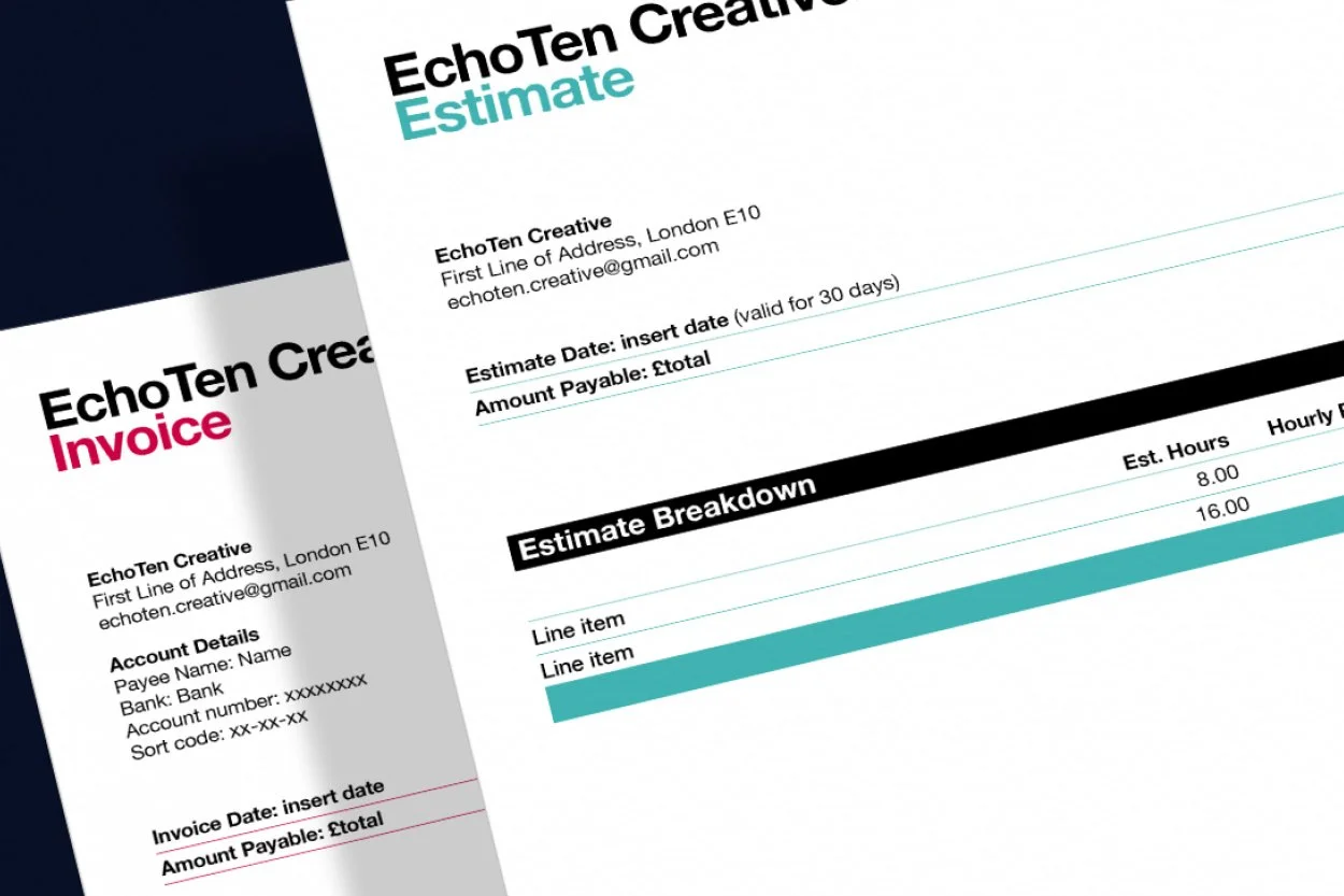 Two invoices from EchoTen Creative, one in color with pink and black text and one in black and white, displaying company information, account details, invoice date, amount payable, and estimated hours with a breakdown of line items.