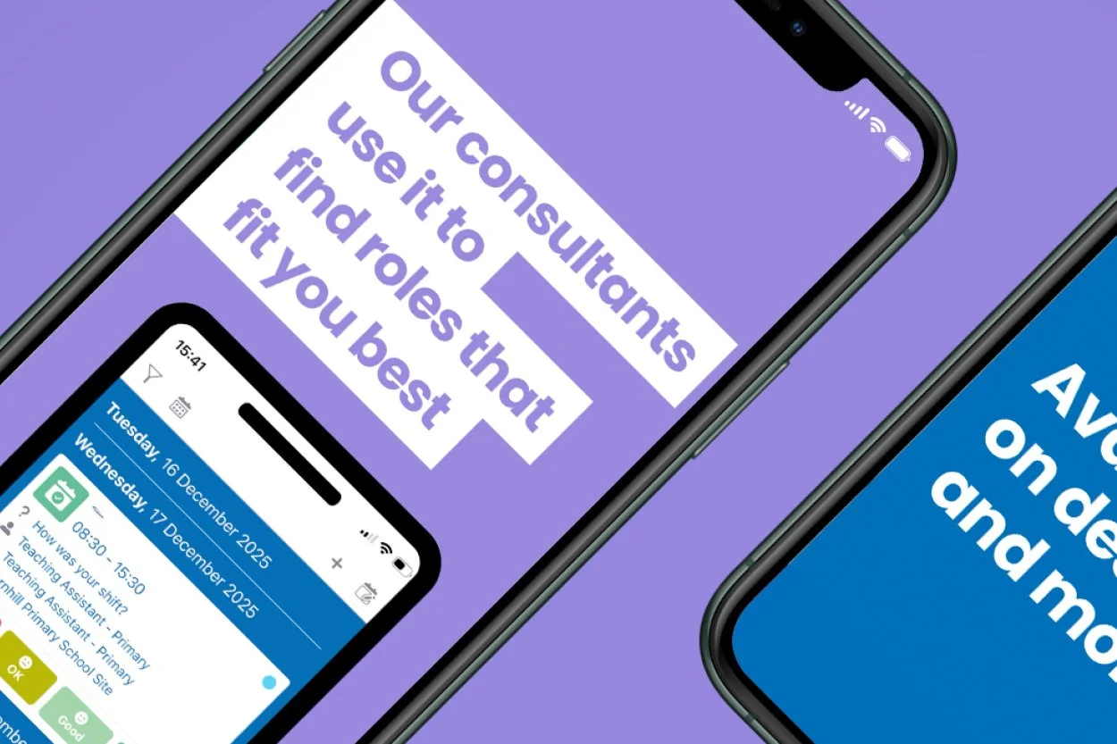 Two smartphones displaying digital schedules or appointment reminders on a purple background, with a message about consulting for role fit.