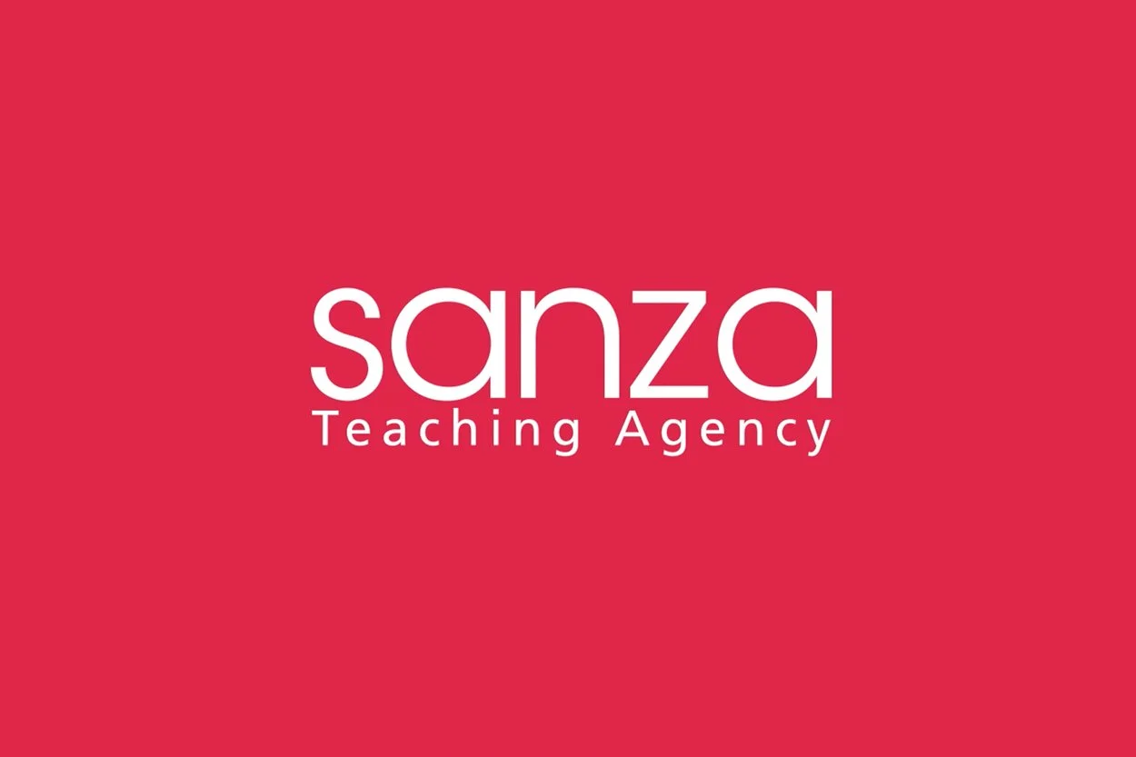 Logo of Sanza Teaching Agency with white text on a pink background.
