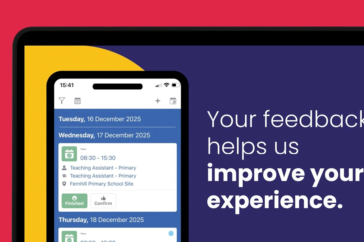 Mobile phone screen displaying a scheduling app with dates December 16-18, 2025, showing appointments at Fernhill Primary School, with options to confirm or mark as finished. The background includes a message about the importance of user feedback to 