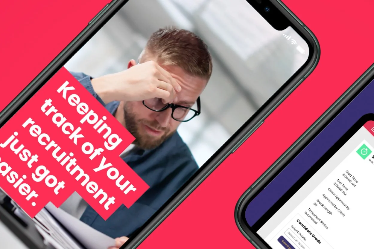 Close-up of a smartphone screen showing a man with glasses holding his head in frustration with a pink overlay and white text that says, 'Keeping your track of your recruitment just got easier.'