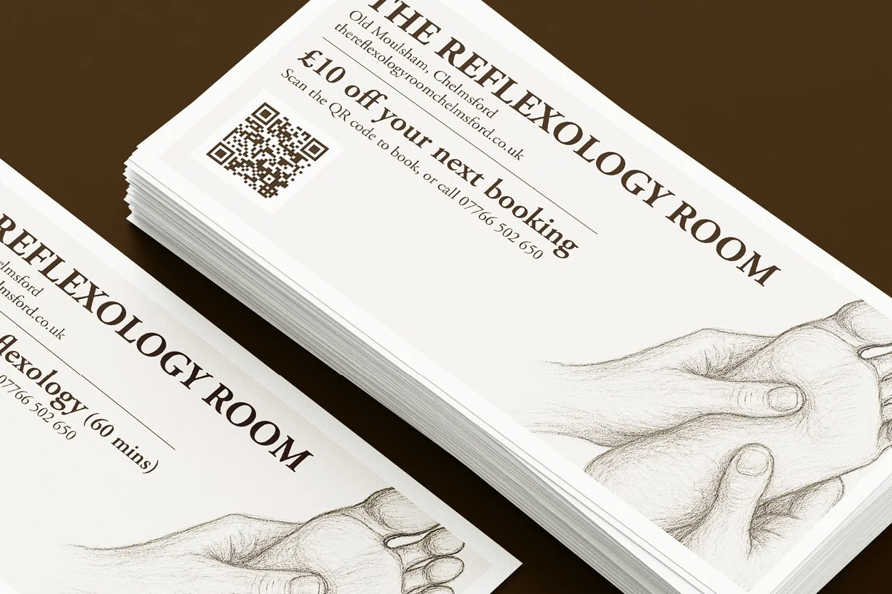Brochures for the Reflexology Room at Old Moulsham, Chelmsford, featuring a hand sketch and a QR code for booking