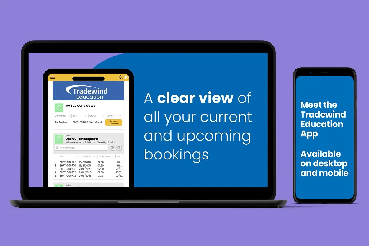 Laptop and smartphone screens displaying the Tradewind Education app interface, highlighting its features like viewing current and upcoming bookings, with a purple background.