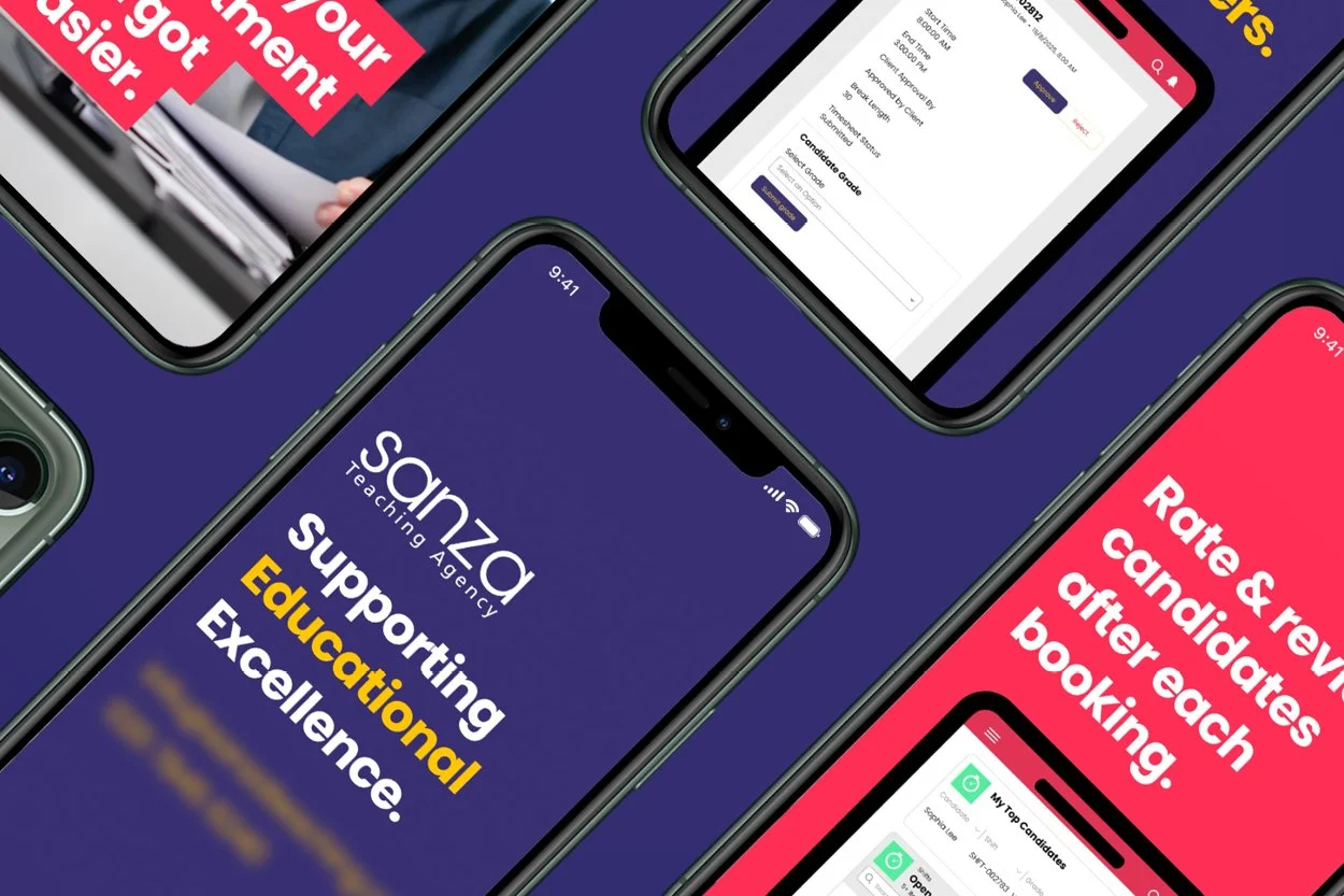 Multiple smartphones displaying the Sonzd Teaching Agency app with screens showing education-related content, ratings, and candidate reviews on a dark blue background.