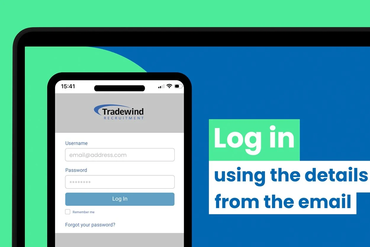 A digital illustration showing a mobile phone displaying a login screen for Tradewind Recruitment and a instruction to log in using email details, with a background of a laptop screen and vibrant colors.
