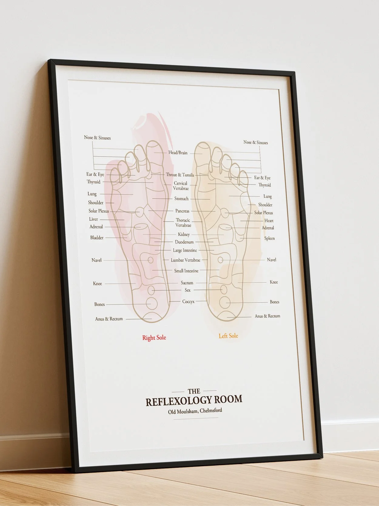 A framed reflexology chart of the feet with labels for different zones on each foot. The chart indicates areas corresponding to various organs and body parts, with the right foot on the left side and the left foot on the right side, titled 'The Refle