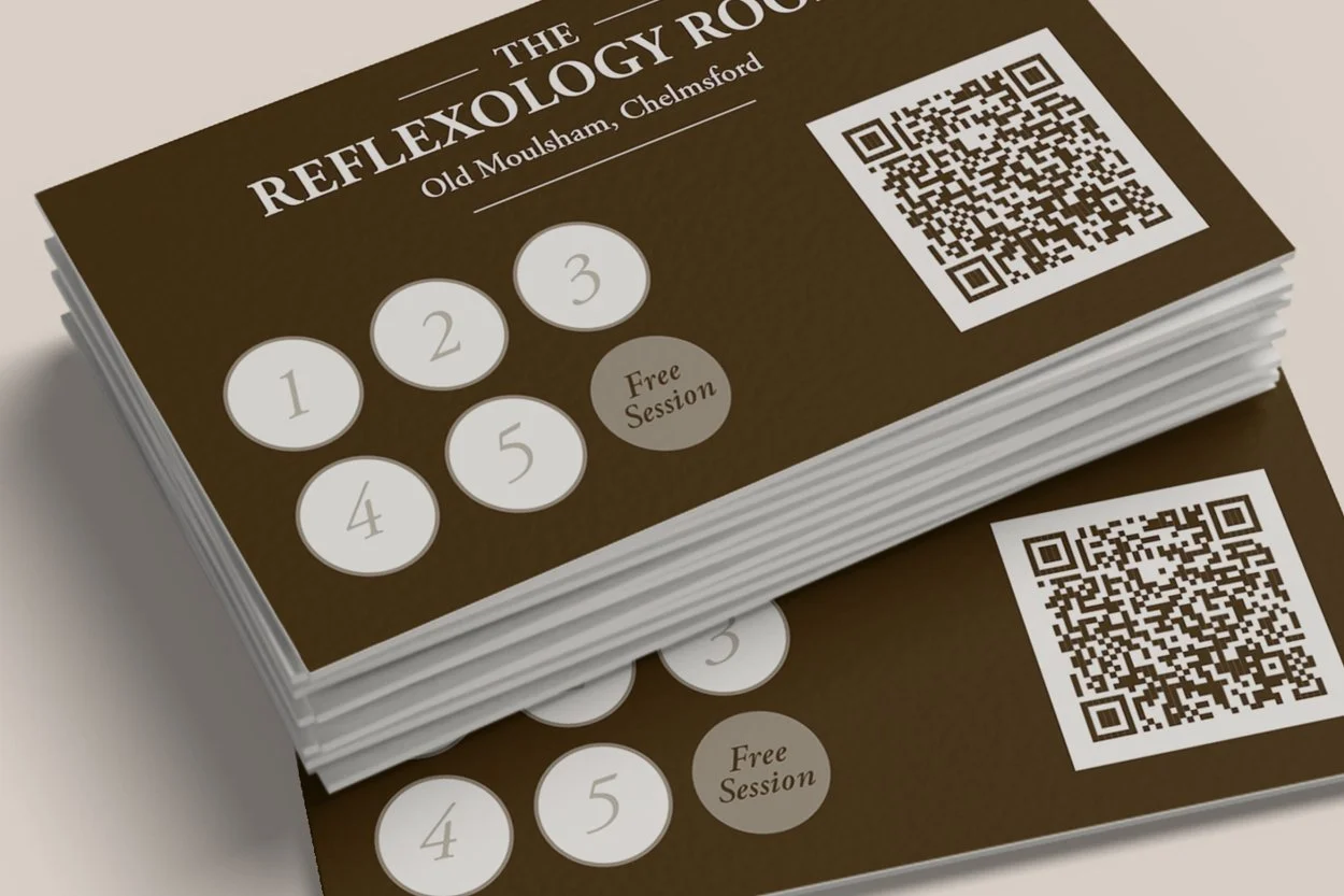 Stack of tickets for a reflexology event at Old Moulsham, Chelmsford, with a QR code on each ticket, numbered circles 1 to 5, and a free session label.