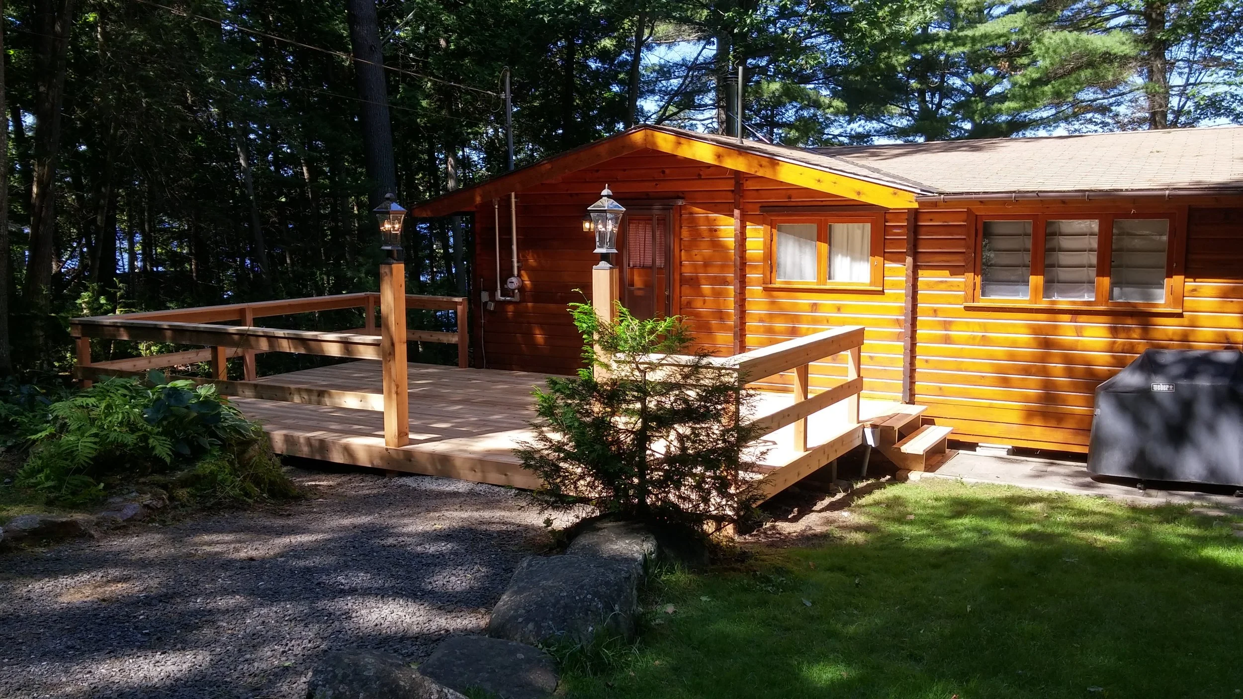 A new cedar deck on a wooden cottage