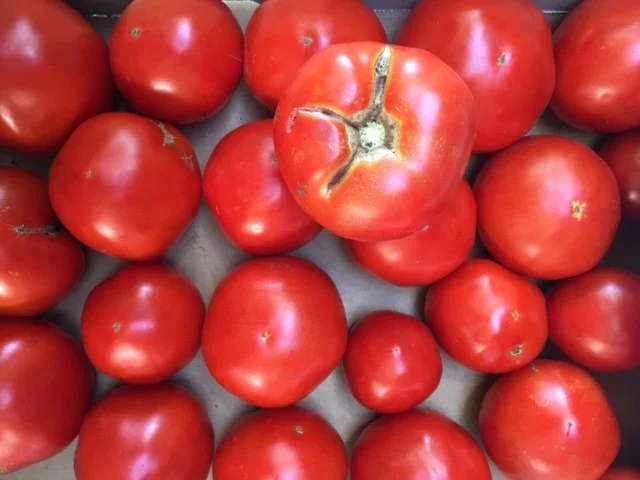 A collection of ripe red tomatoes, including one with visible cracks, arranged on a surface.