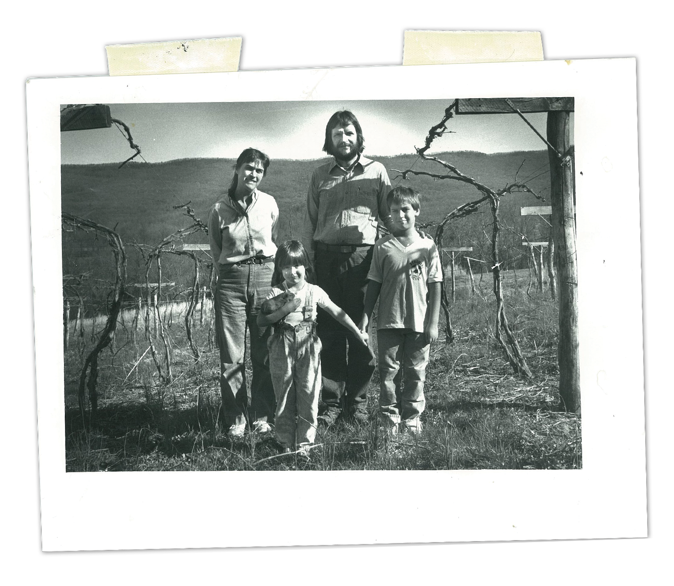 Samuel and Margaret Wenger Johnson stand with their two children with blueberry plants on both sides of them.