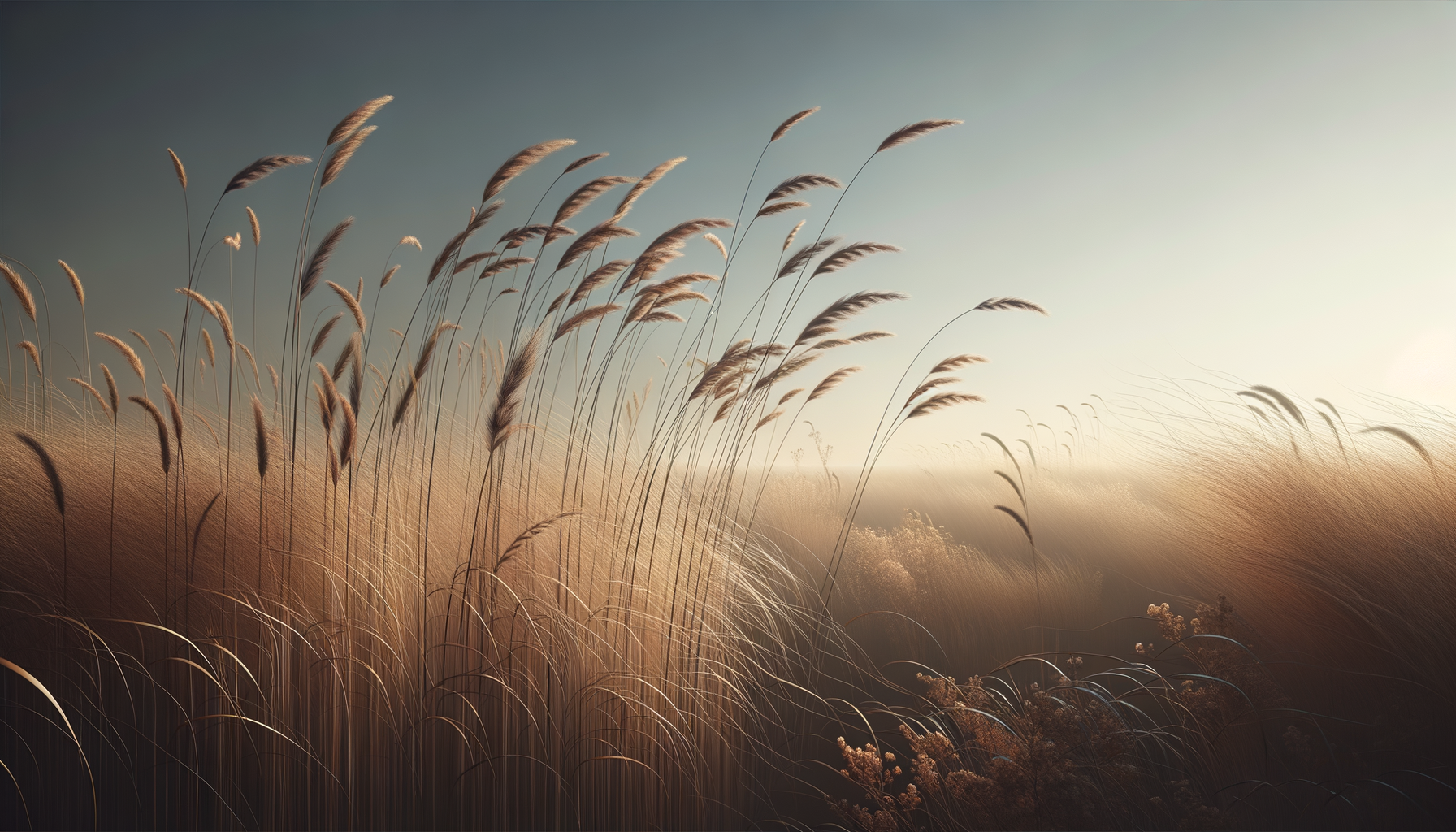 Sunlit field with tall grasses and plants swaying in the wind during sunset.