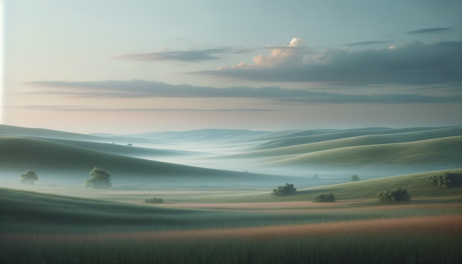 Serene landscape of rolling green hills with scattered trees and mist, under a cloudy sky.