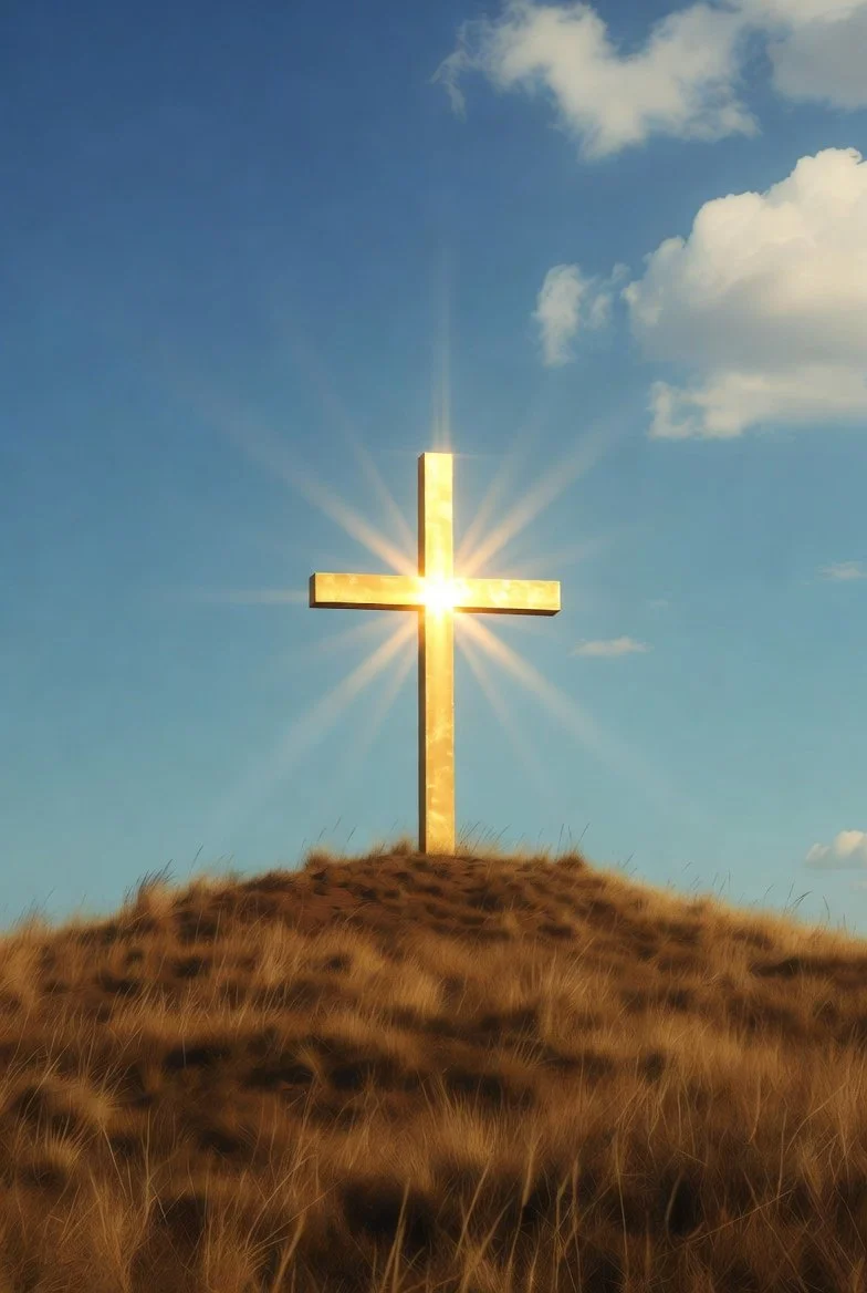 A glowing cross on a grassy hill with a blue sky and white clouds in the background.