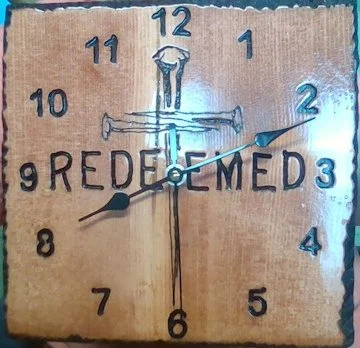 Hand-Carved 'Redeemed' Wooden Clock