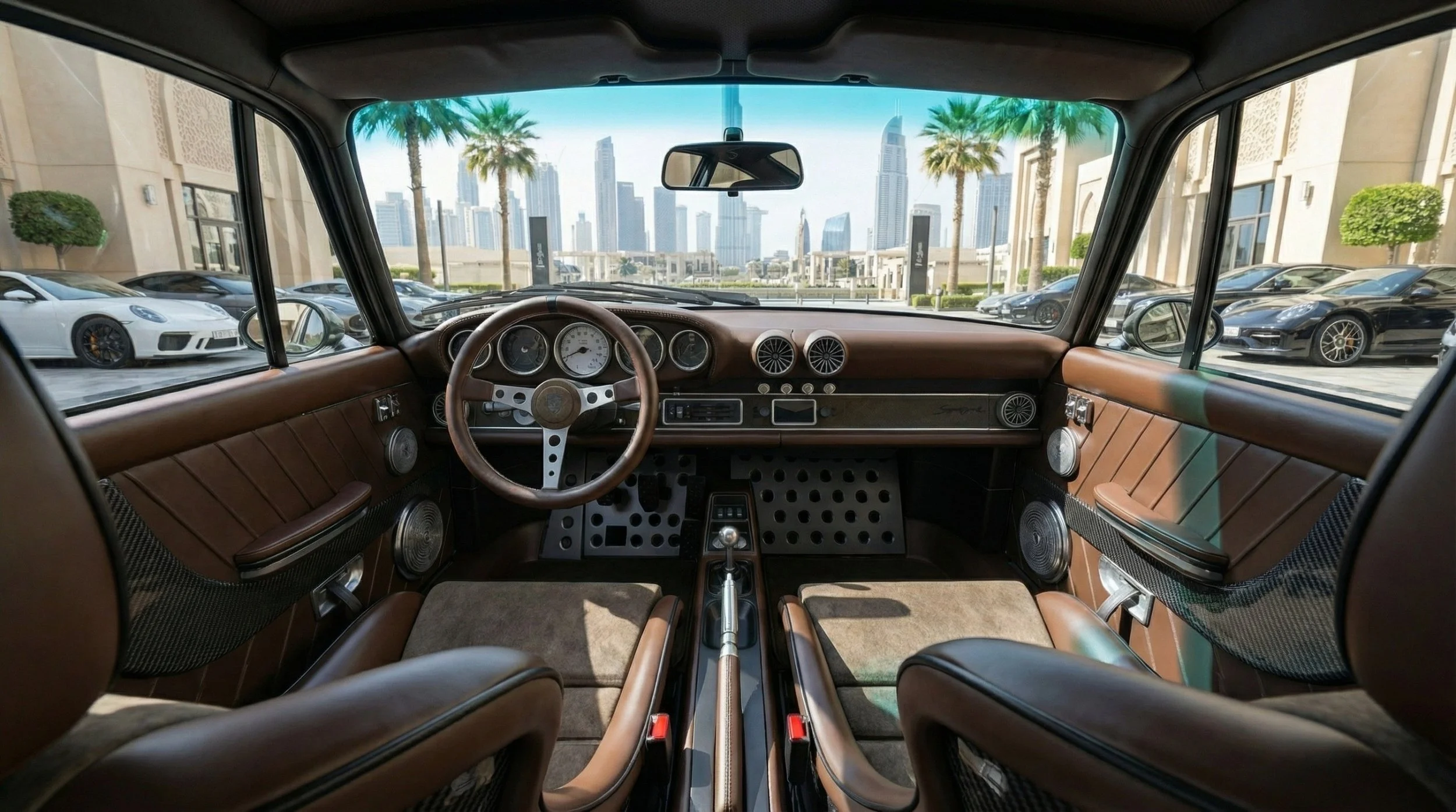 Two classic Porsche cars, one purple with racing stripes and one black, parked on a coastal road with the ocean, sunset sky, palm tree, and beach in the background. Backdate