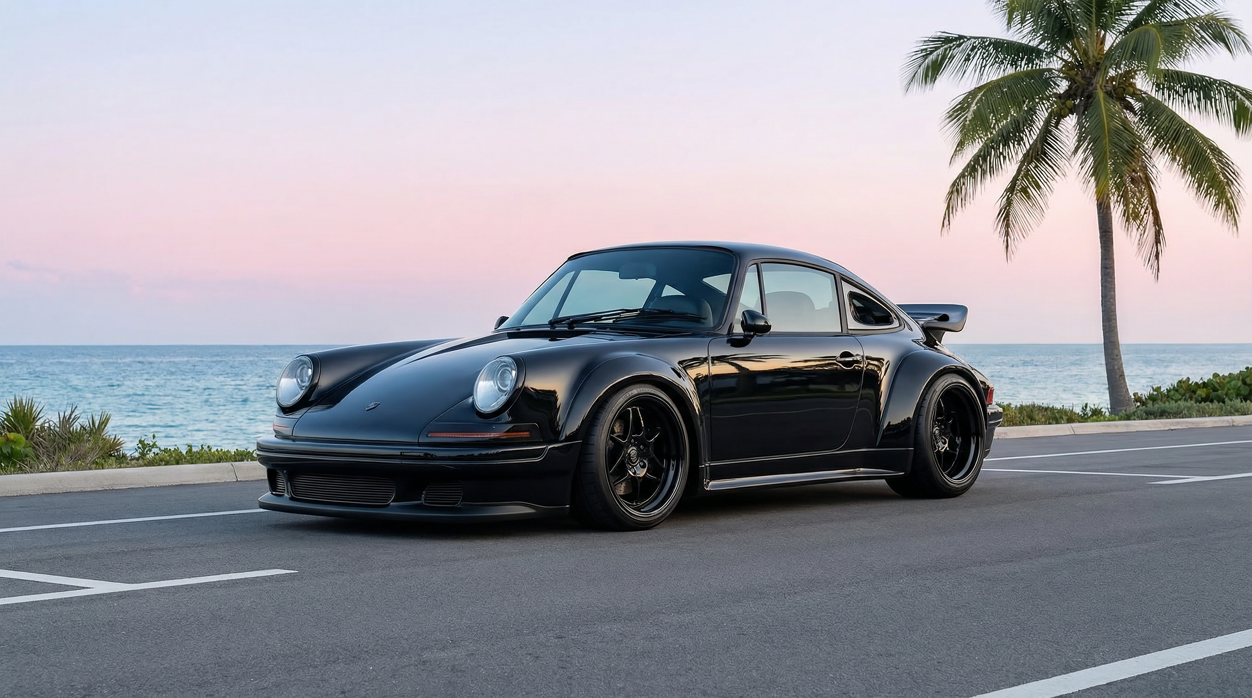 A navy blue vintage Porsche 911 car parked on a coastal road with palm trees and the ocean in the background during sunset.