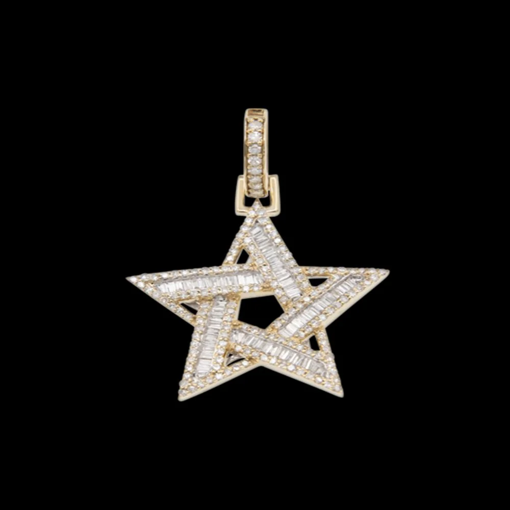 Pendant featuring an intricate intertwined star design encrusted with diamonds on a black background.