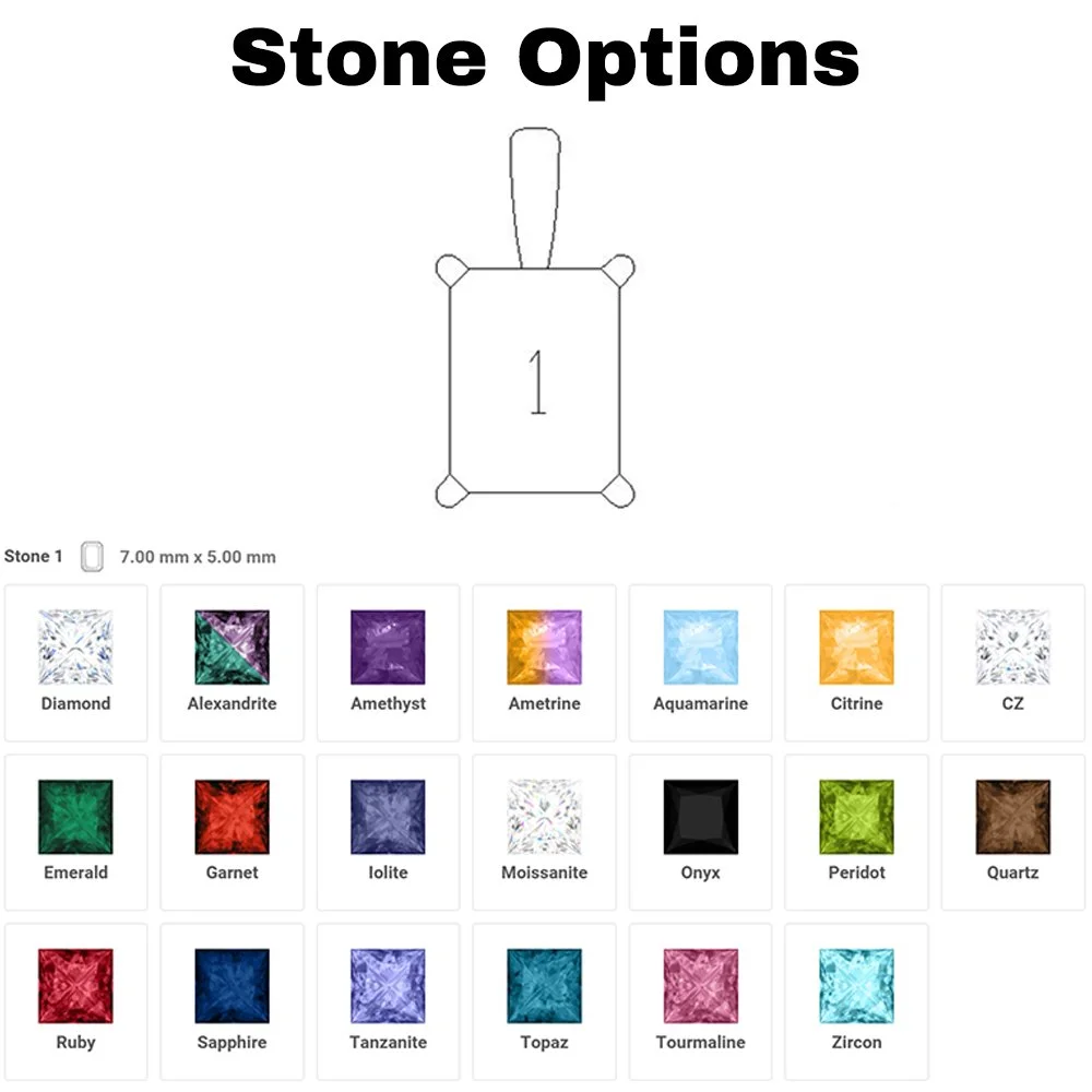 Diagram displaying different gemstone options for a stone setting, titled 'Stone Options' with a central outline of a pendant depicting a square-shaped gemstone setting labeled '1'.