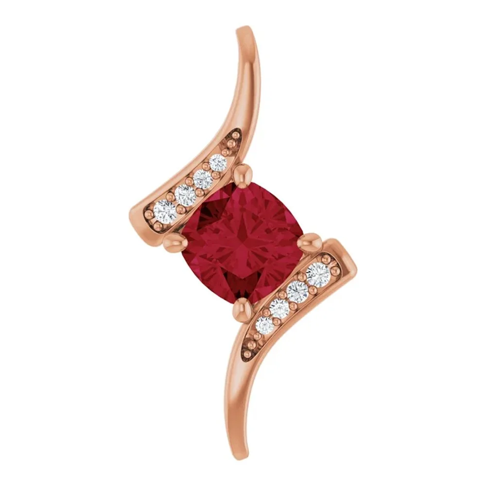 A rose gold ring with a large red gemstone in the center and small white diamonds along the band.