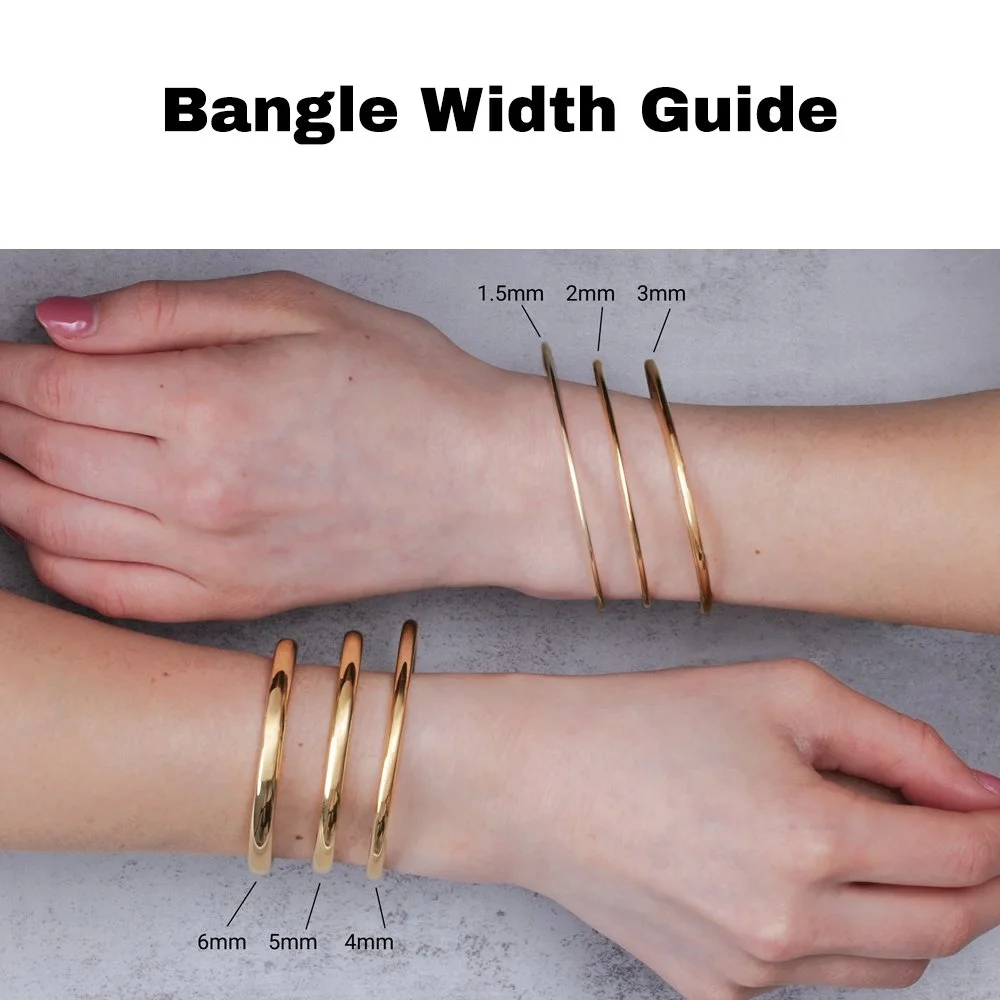 Two hands wearing gold bangles of different widths: the top hand has bangles marked 1.5mm, 2mm, and 3mm, and the bottom hand has bangles marked 4mm, 5mm, and 6mm. The image is a guide to bangle widths.