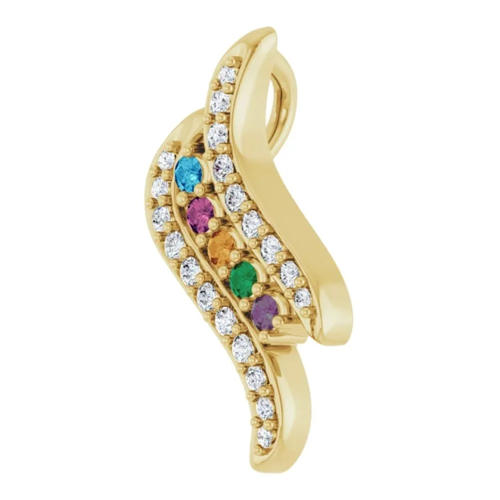 Gold ring with a wavy design, adorned with multicolored gemstones and white diamonds.