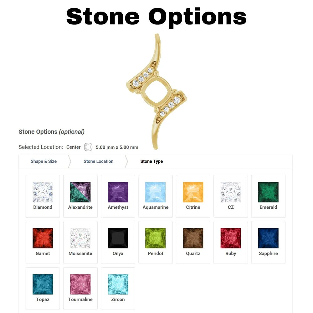A jewelry design template showing a gold pendant with diamond accents, titled 'Stone Options' with a selection of gemstone options including diamond, alexandrite, amethyst, aquamarine, citrine, CZ, emerald, garnet, moissanite, onyx, peridot, quartz, ruby, sapphire, topaz, tourmaline, and zircon.