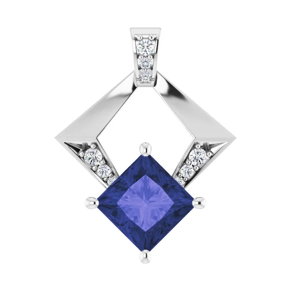 Pendant featuring geometric silver frame with embedded clear gemstones and a central blue square gemstone.