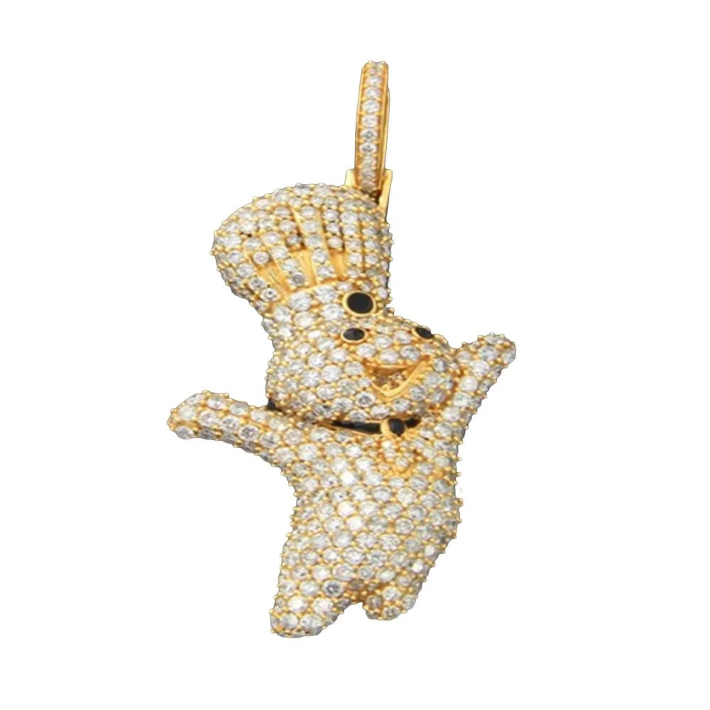 A gold pendant in the shape of a cartoon character, covered in diamonds with black and gold eyes and a smiling mouth.