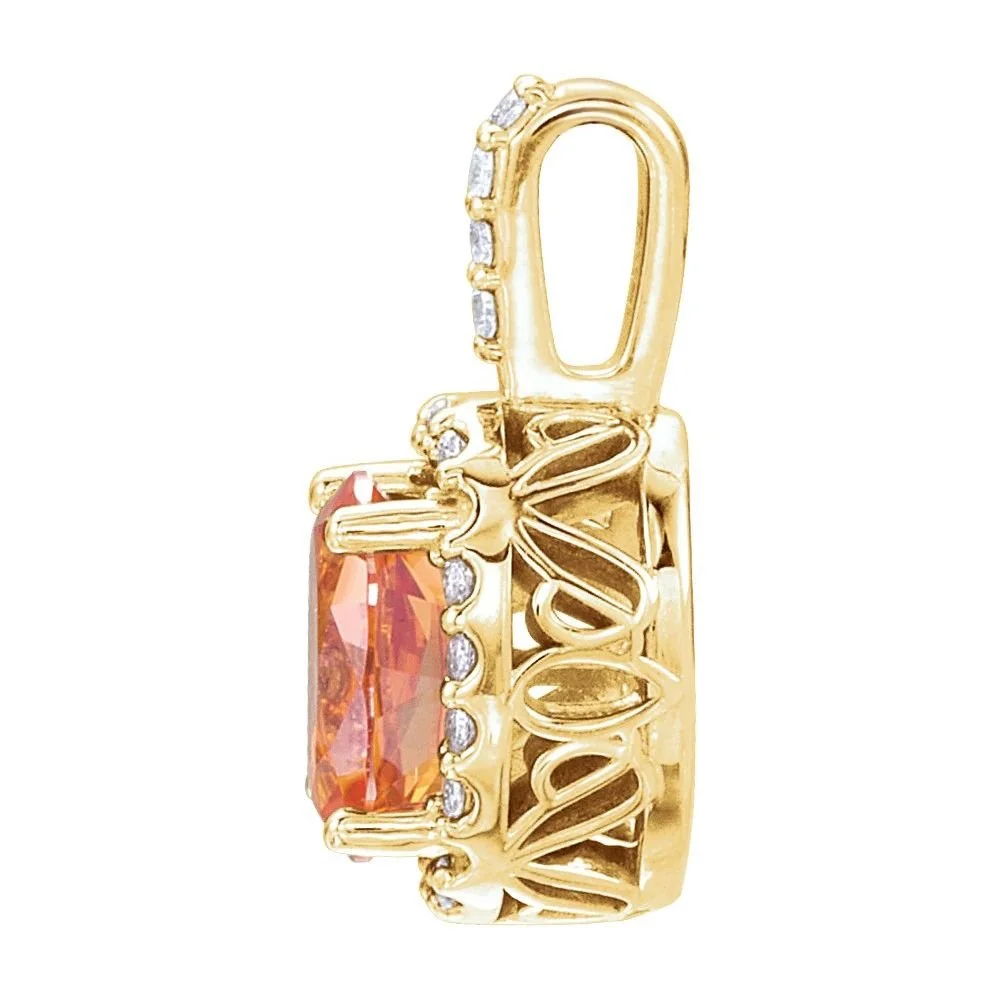 Gold earring with a chain of small diamonds and a large orange gemstone.