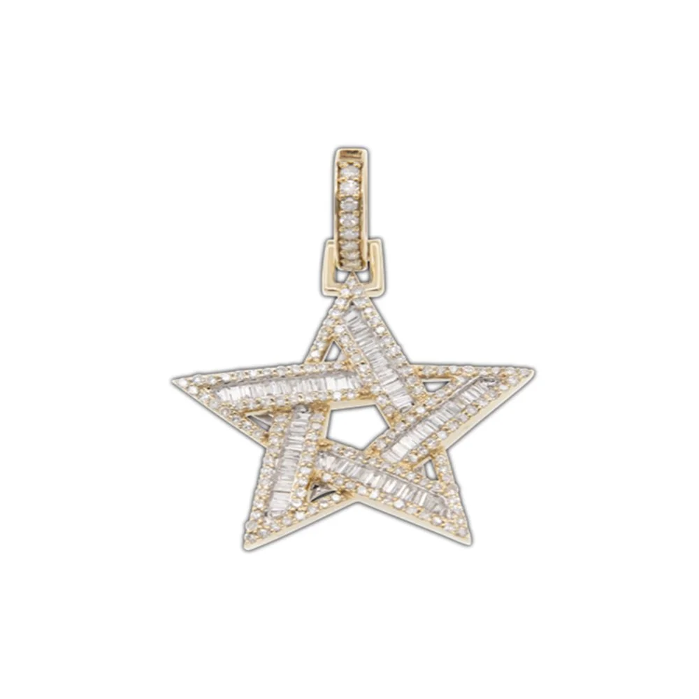 Gold star-shaped pendant decorated with small diamonds on a white background.