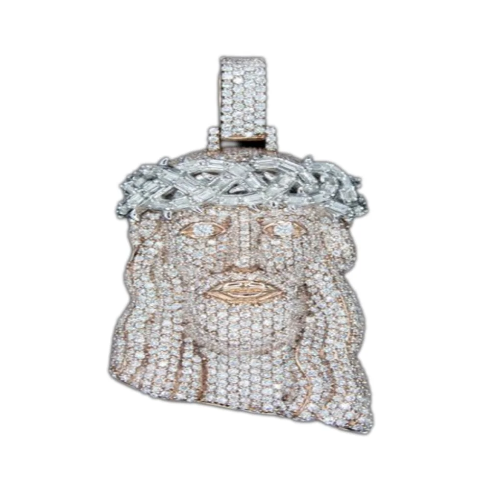 A pendant jewelry piece in the shape of a woman's face, adorned with numerous small diamonds or crystals.